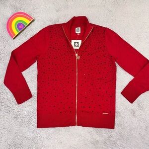 Anne Klein fire red and black rhinestone sweater